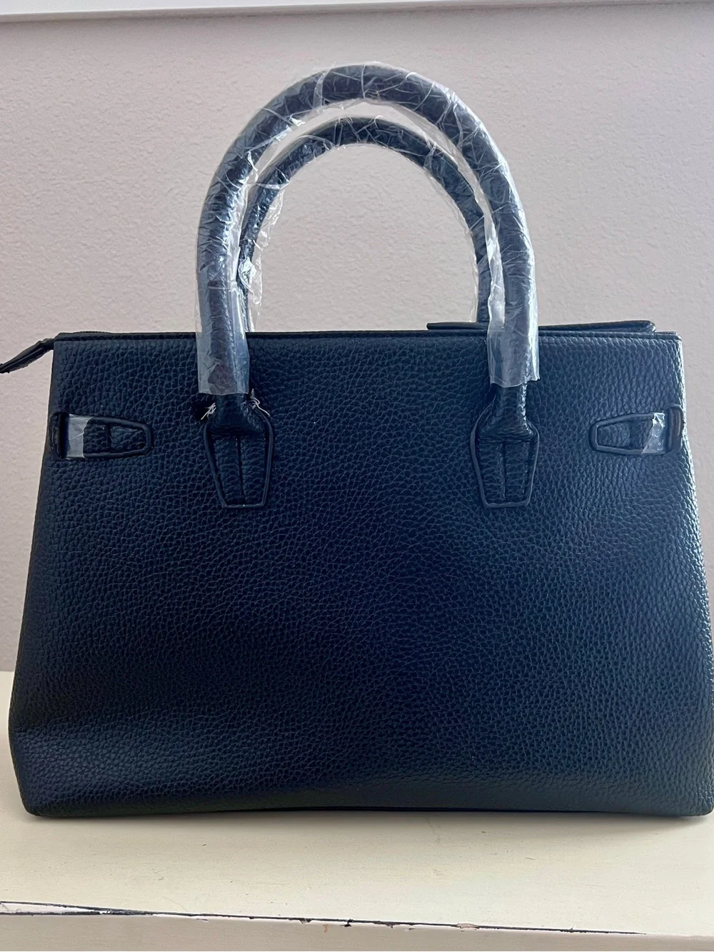 New Black Pebbled Leather Structured Satchel Handbag | Silver Lock Accent Tote